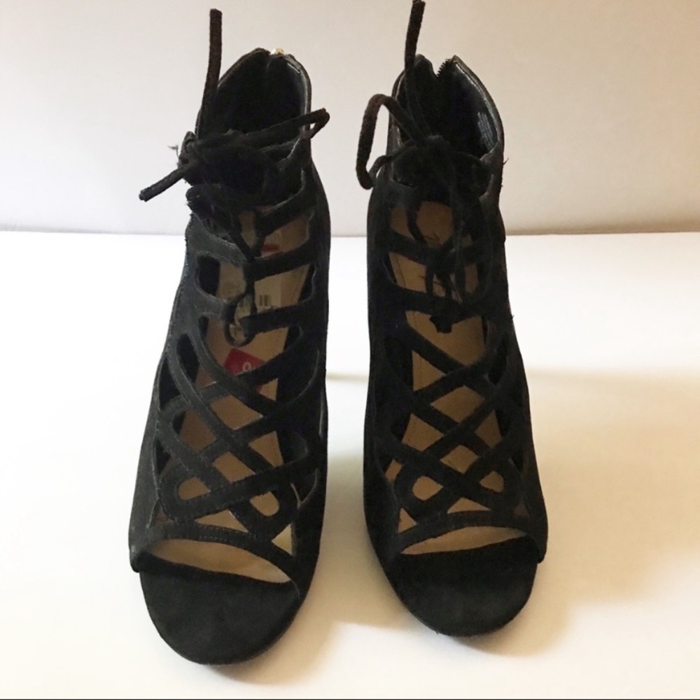 Marc Fisher Black Suede Corset Lace Up Bottie Open Toe Heel Shoes - Picture 5 of 8